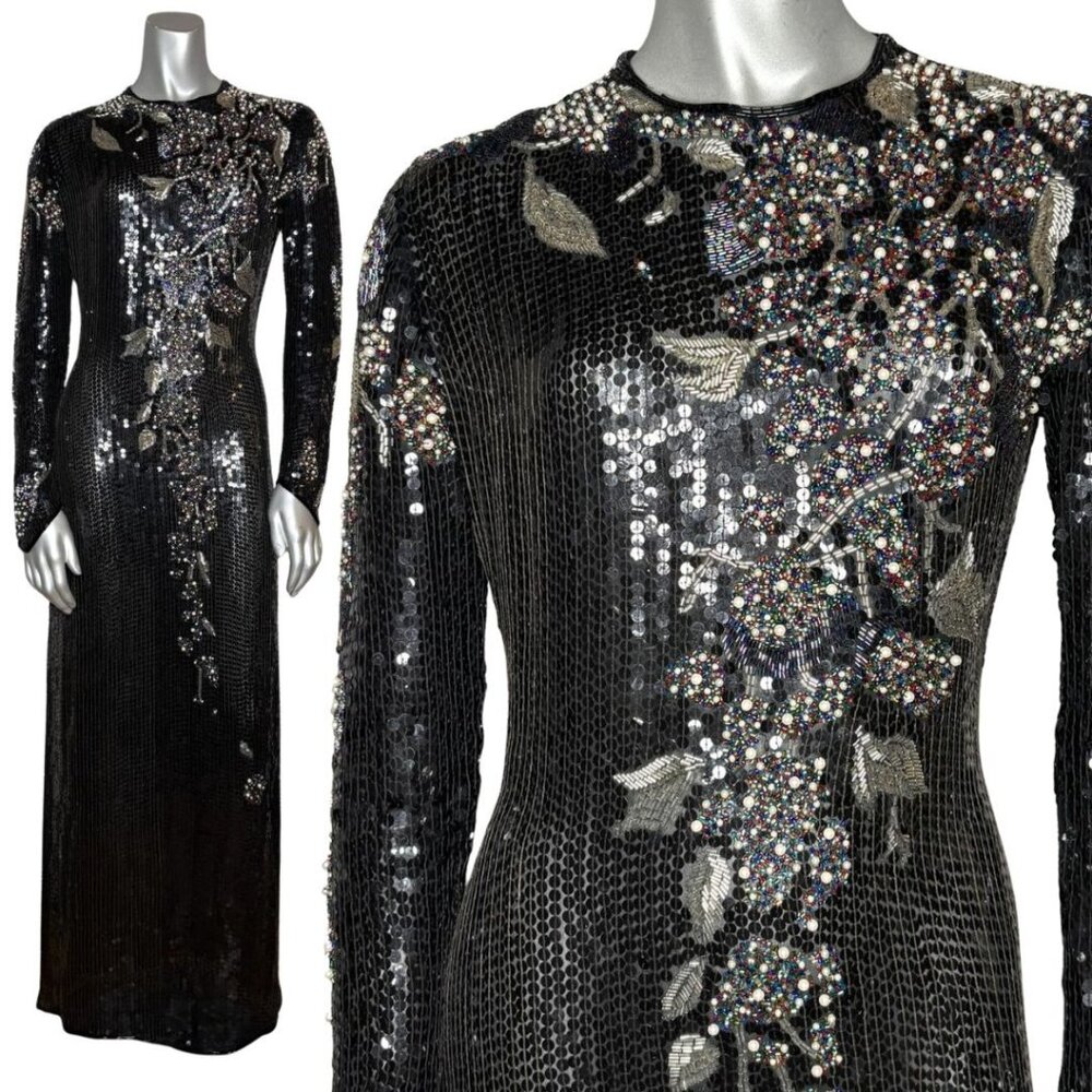 Vintage 90s RIAZEE Couture Black Beaded Sequin Silk Evening Gown Formal Dress 6